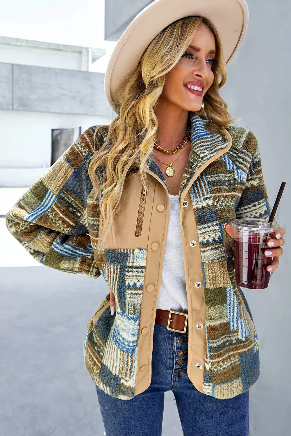 Khaki Western Colorblock Snap Buttoned Sherpa Jacket - Chic Meadow Boutique 