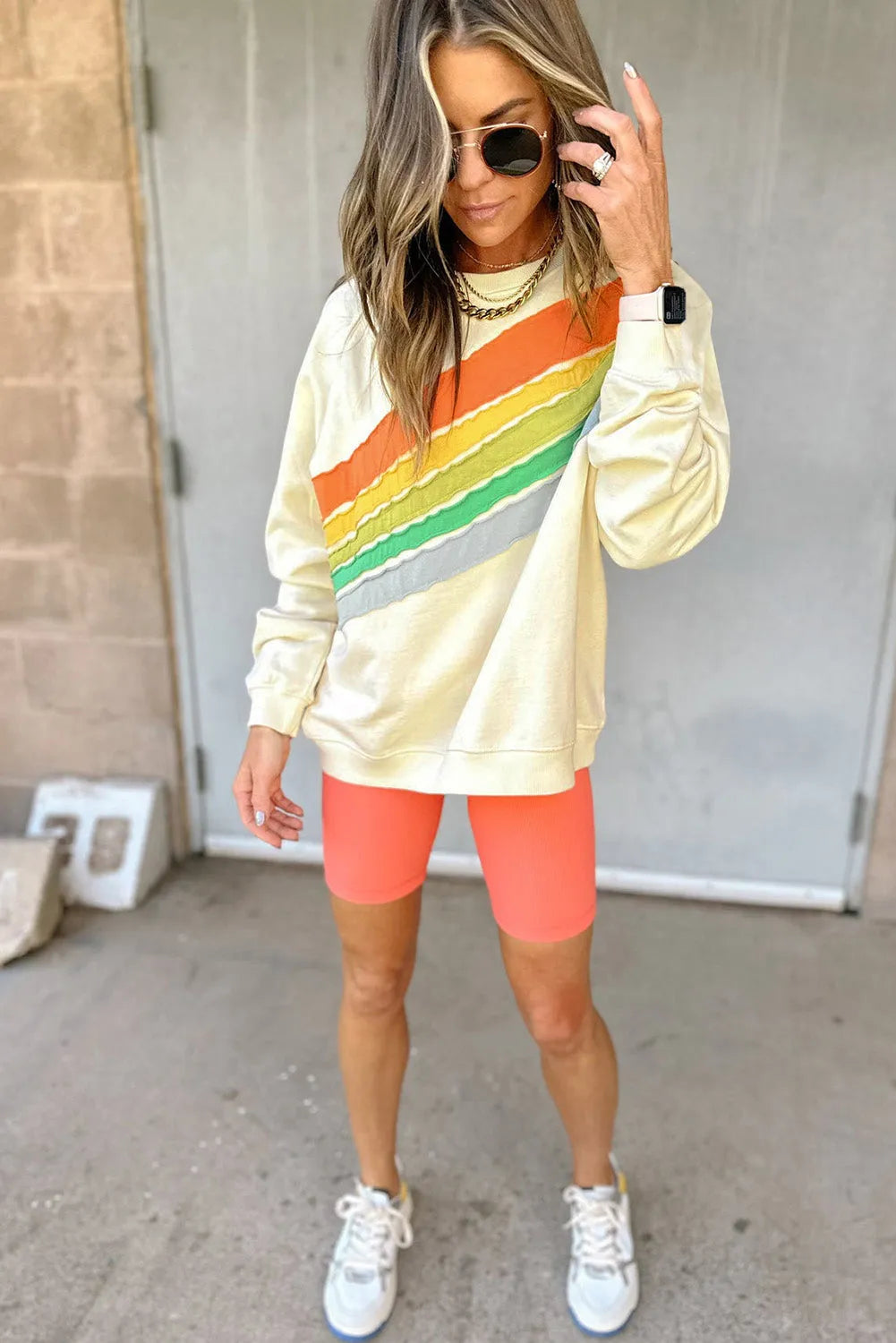 Apricot Rainbow Colorblock Striped Pullover Sweatshirt - Chic Meadow Boutique 