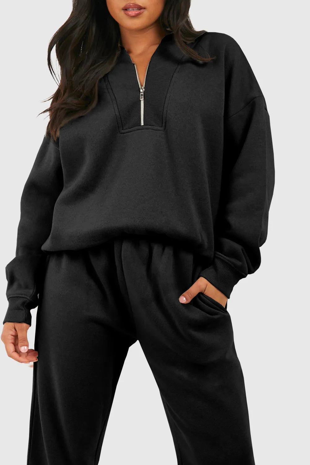 Black Plain Half Zip V Neck Ribbed Edge Loose Tracksuit - Chic Meadow Boutique 