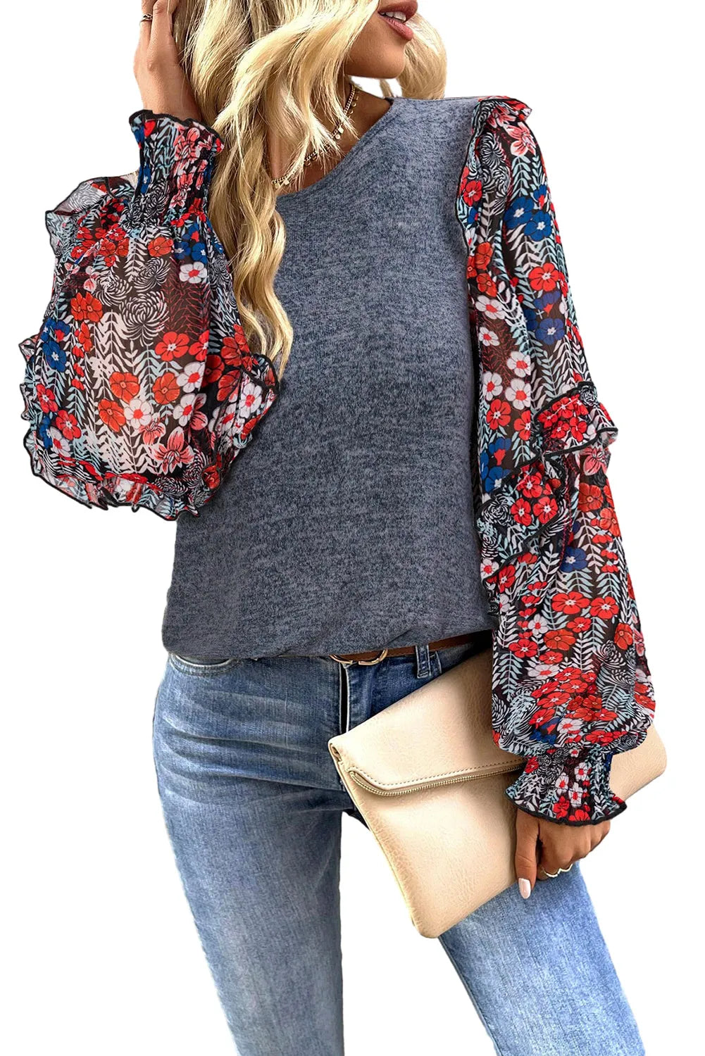 Blue Ruffle Tiered Floral Sleeve Crew Neck Blouse - Chic Meadow Boutique 