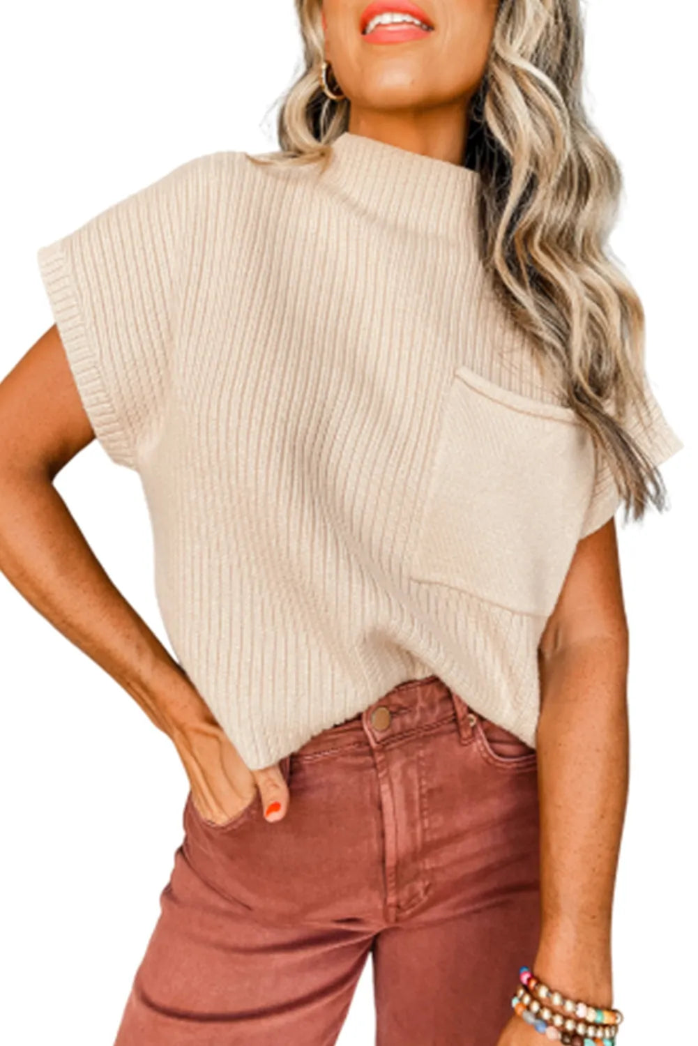 Oatmeal Patch Pocket Ribbed Knit Short Sleeve Sweater - Chic Meadow Boutique 