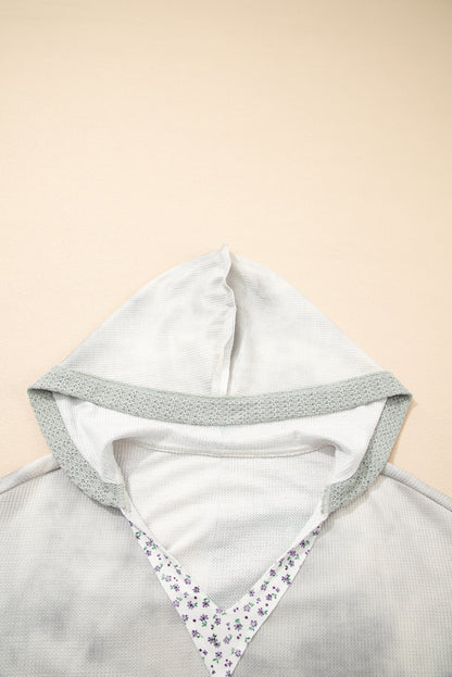 Green Floral Patched Waffle Textured Colorblock V Neck Casual Hooded Top