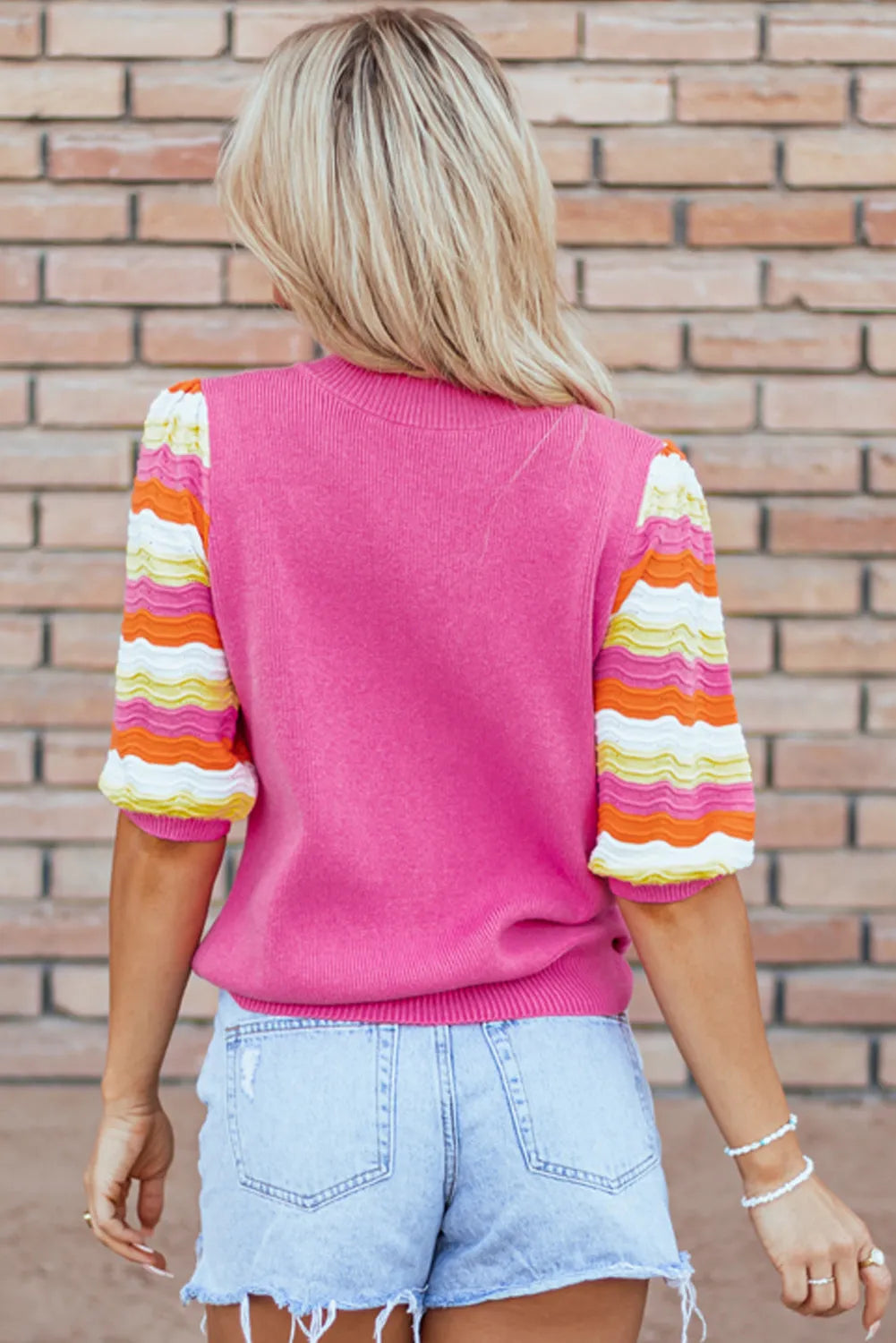 Pink Ribbed Knit Contrast Sleeve Sweater Top - Chic Meadow Boutique 