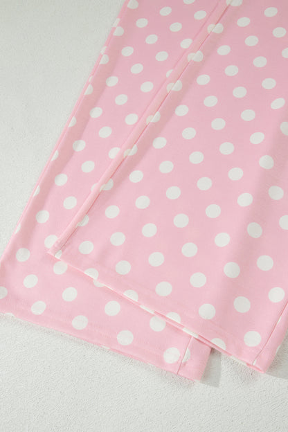 Pink Polka Dot Print Mock Neck Short Sleeve Top Shift Pant Set