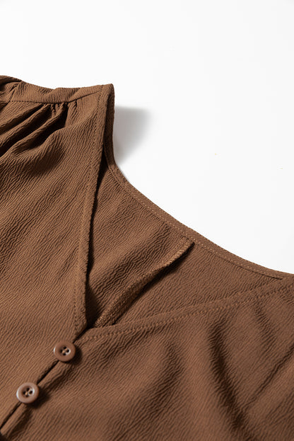 Chestnut Solid Long Sleeve Button V Neck Tiered Maxi Dress
