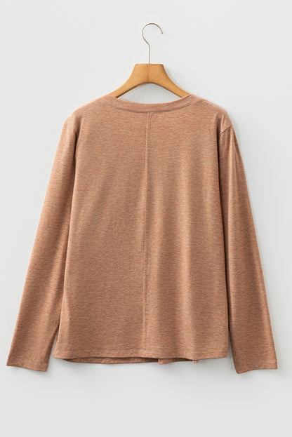 Straw Yellow Floral Patchwork V Neck Long Sleeve T Shirt