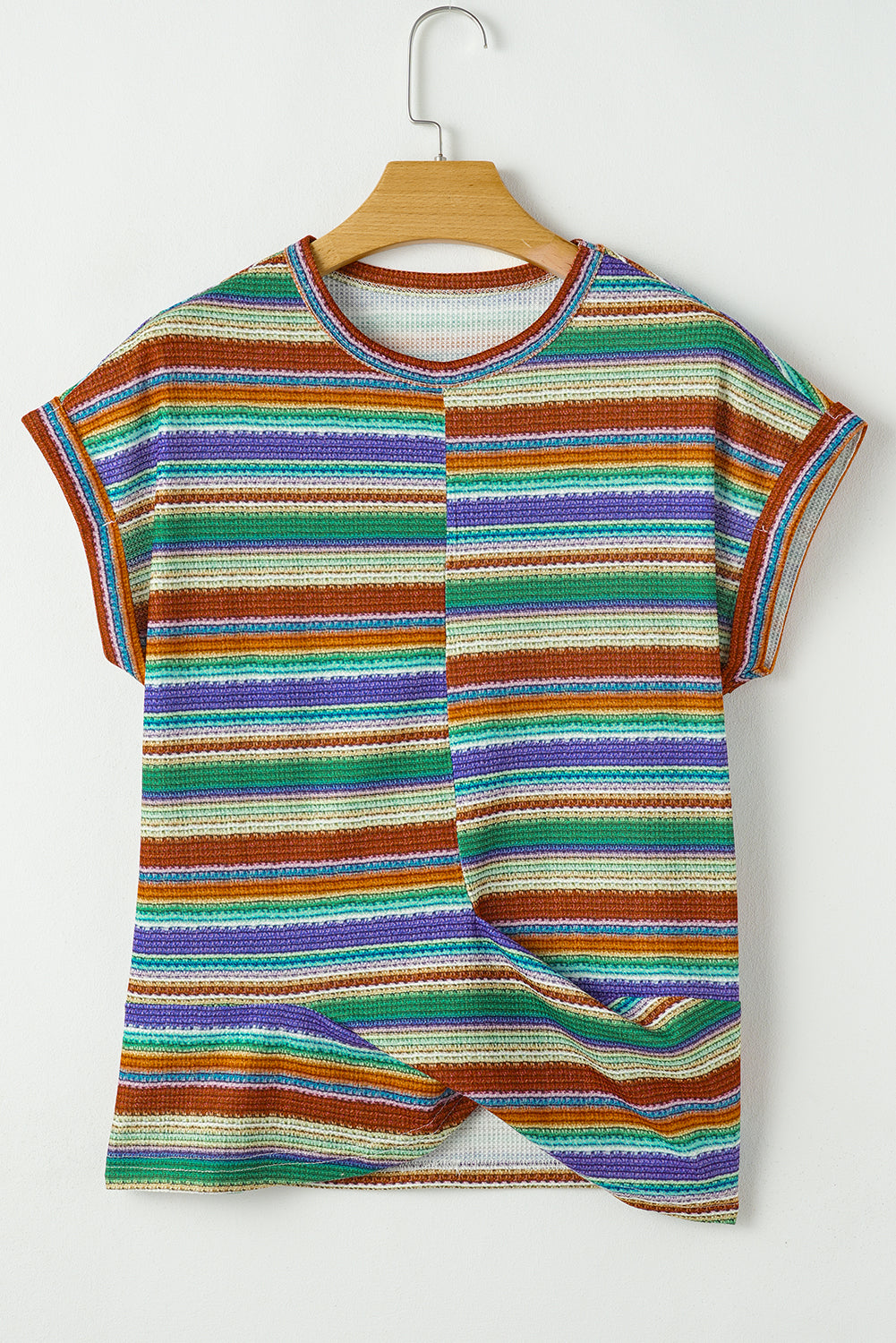Multicolour Striped Pattern Twist Hem Short Sleeve Top