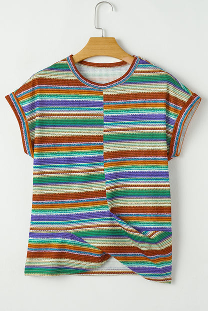 Multicolour Striped Pattern Twist Hem Short Sleeve Top