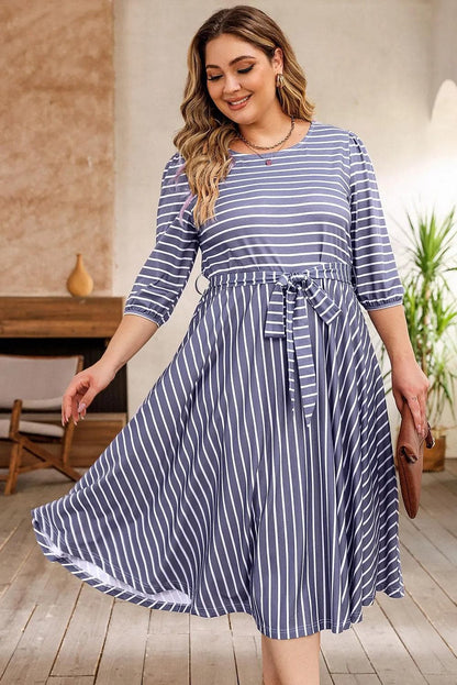 Plus Size/Plus Size Dresses/Plus Size Midi Dresses Gray Striped Tie Waist 3/4 Sleeve Plus Size Dress