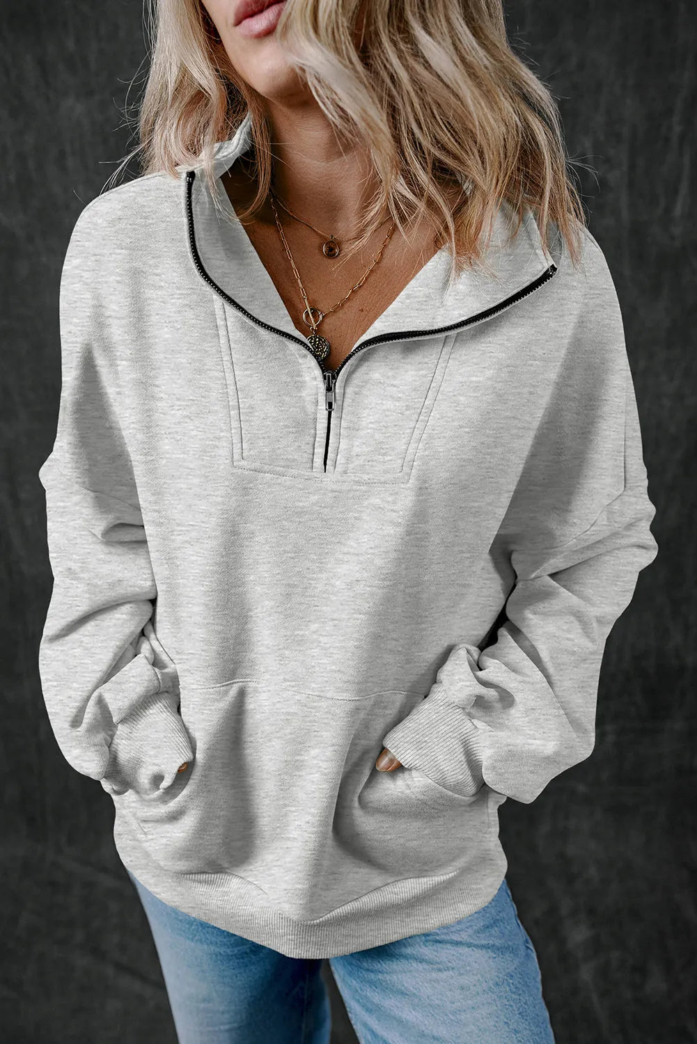 Light Grey Zip-up Stand Neck Kangaroo Pocket Sweatshirt - Chic Meadow Boutique 