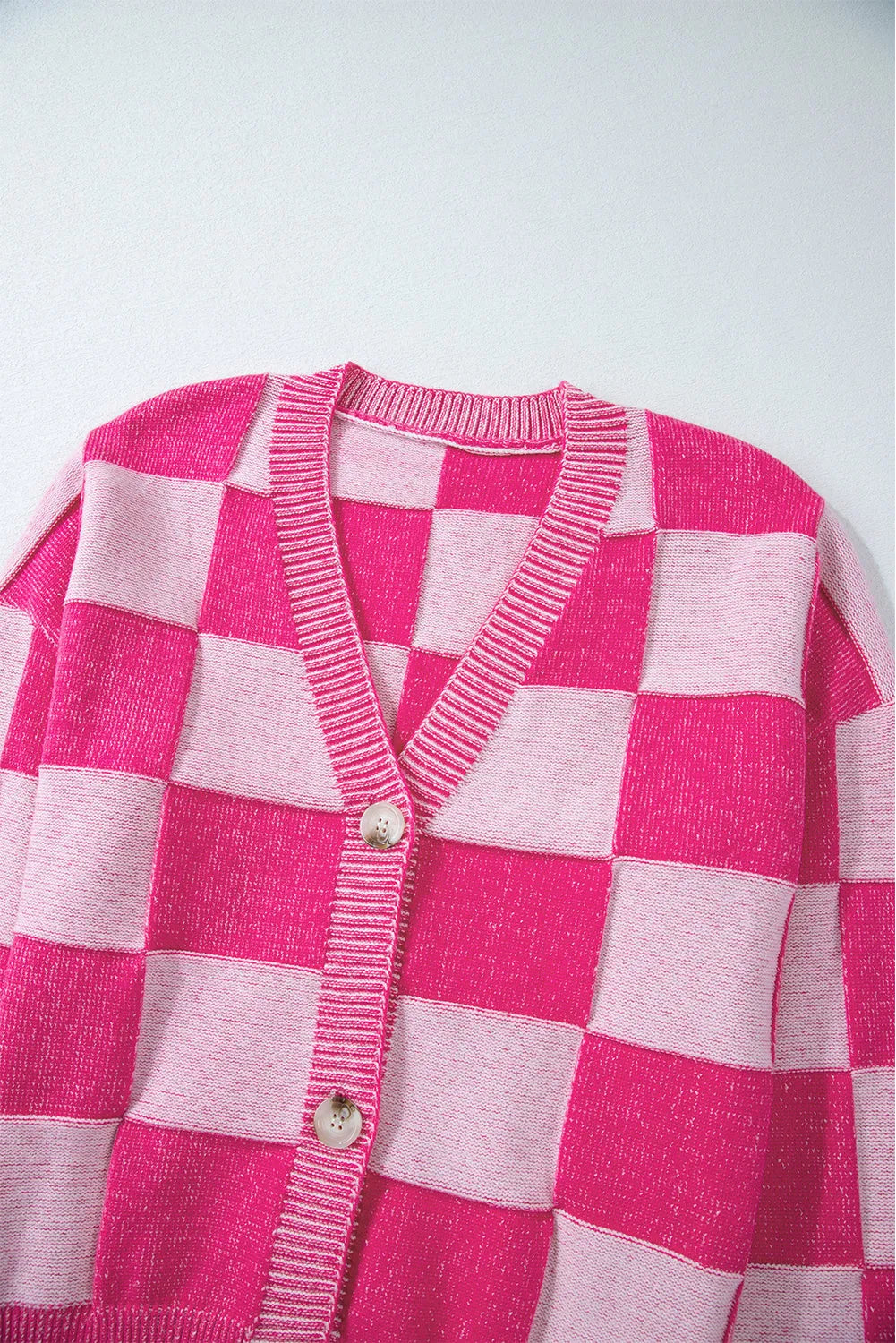 Pink Checkered Drop Shoulder Buttoned V Neck Cardigan - Chic Meadow Boutique 