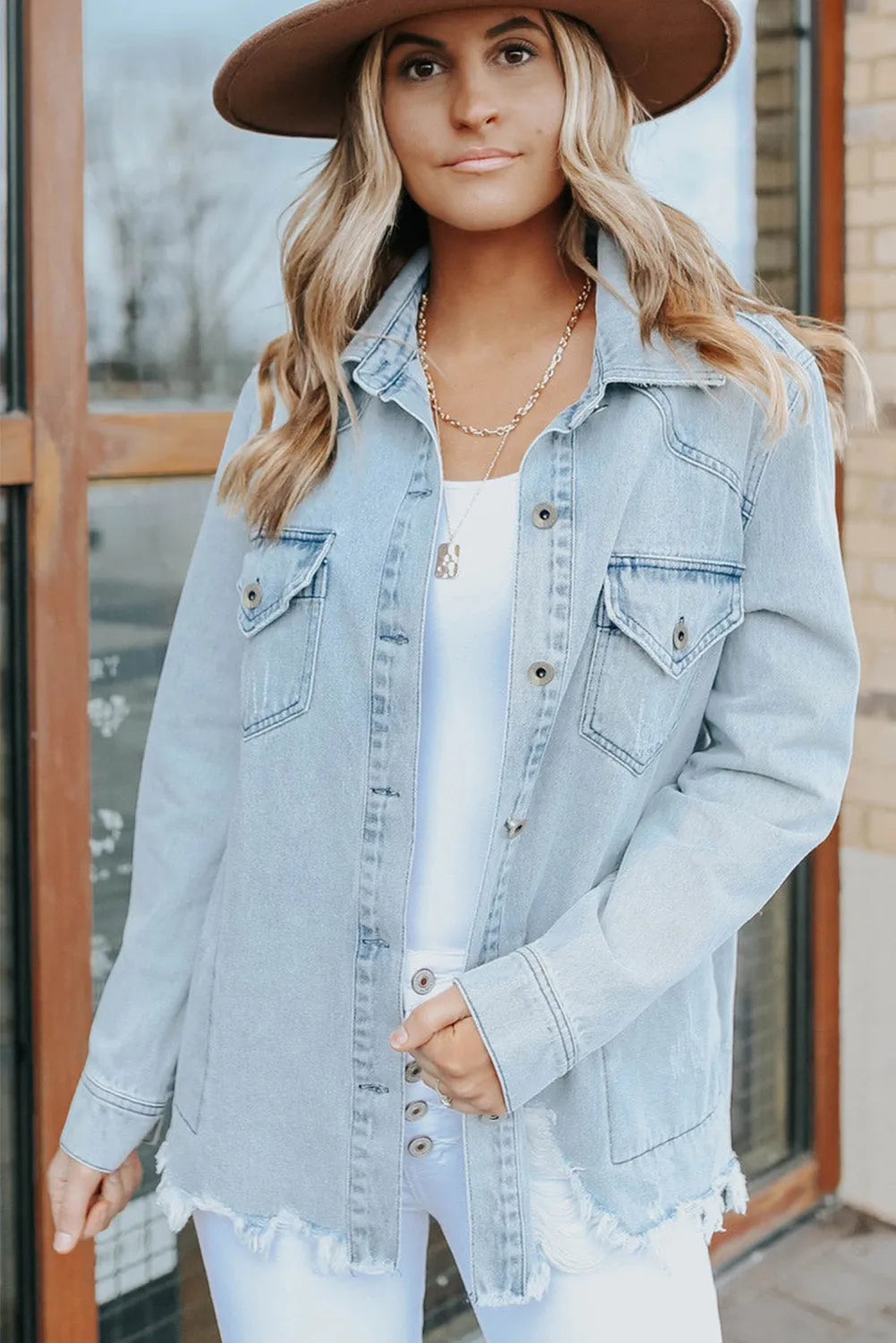 Sky Blue Flap Pocket Buttoned Raw Hem Denim Jacket - Chic Meadow Boutique 