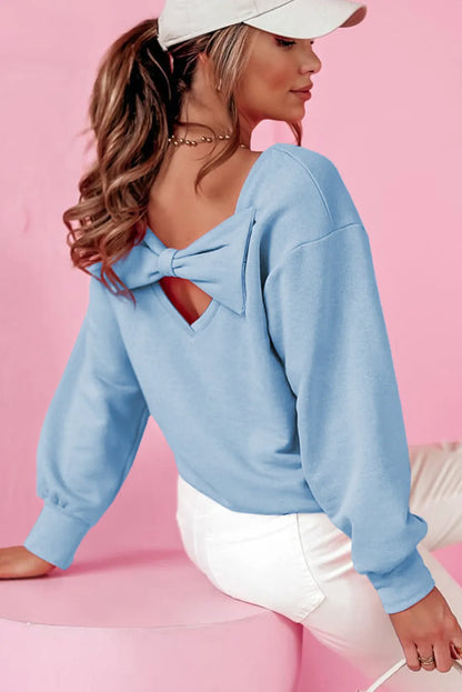 Sky Blue Bowknot Dewback Round Neck Sweatshirt - Chic Meadow Boutique 