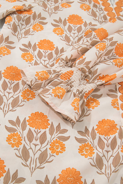 Orange Floral Print Contrast Detail V Neck Long Sleeve Blouse