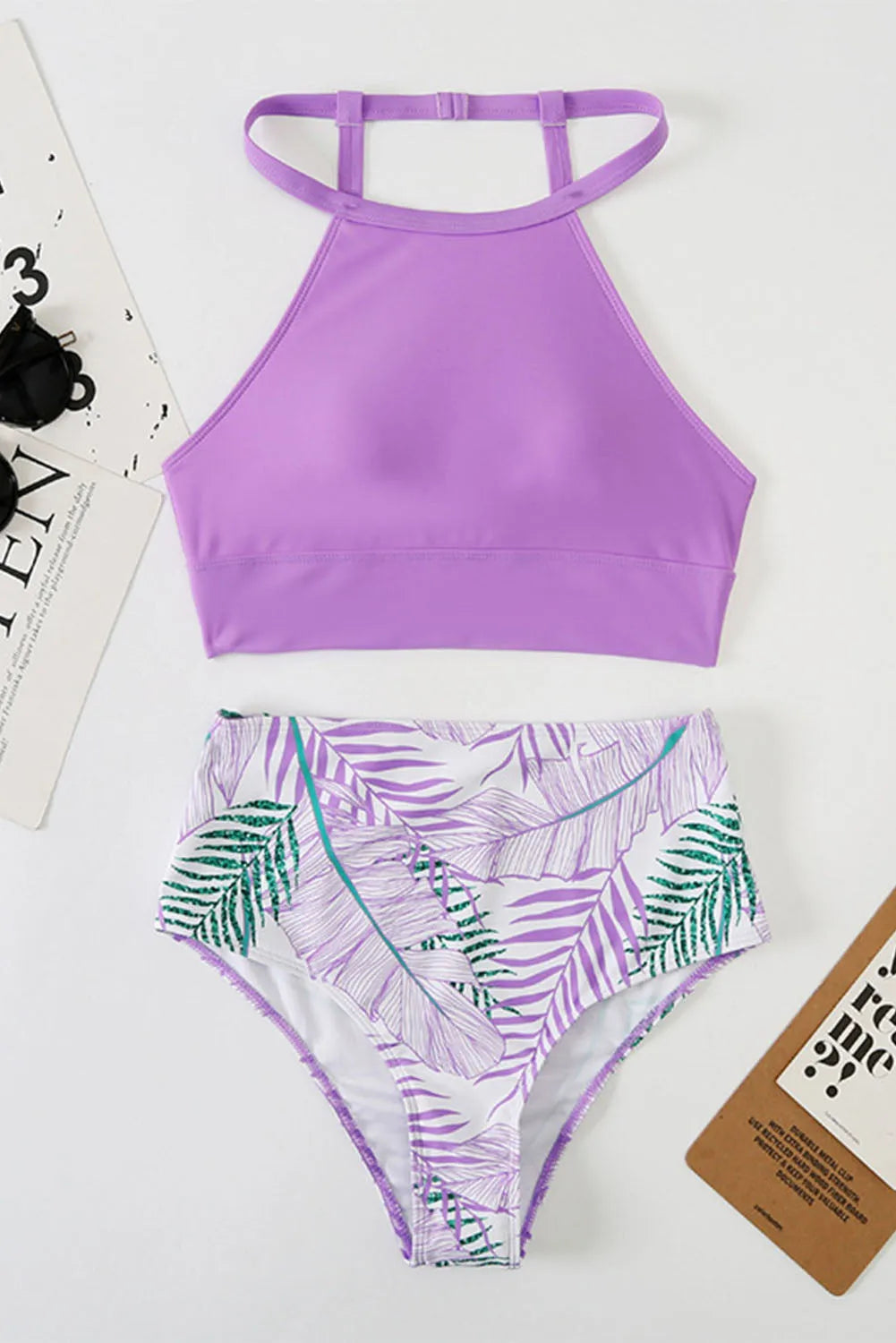 Purple Solid Strappy Halter Bikini Printed High Waist Swimsuit - Chic Meadow Boutique 