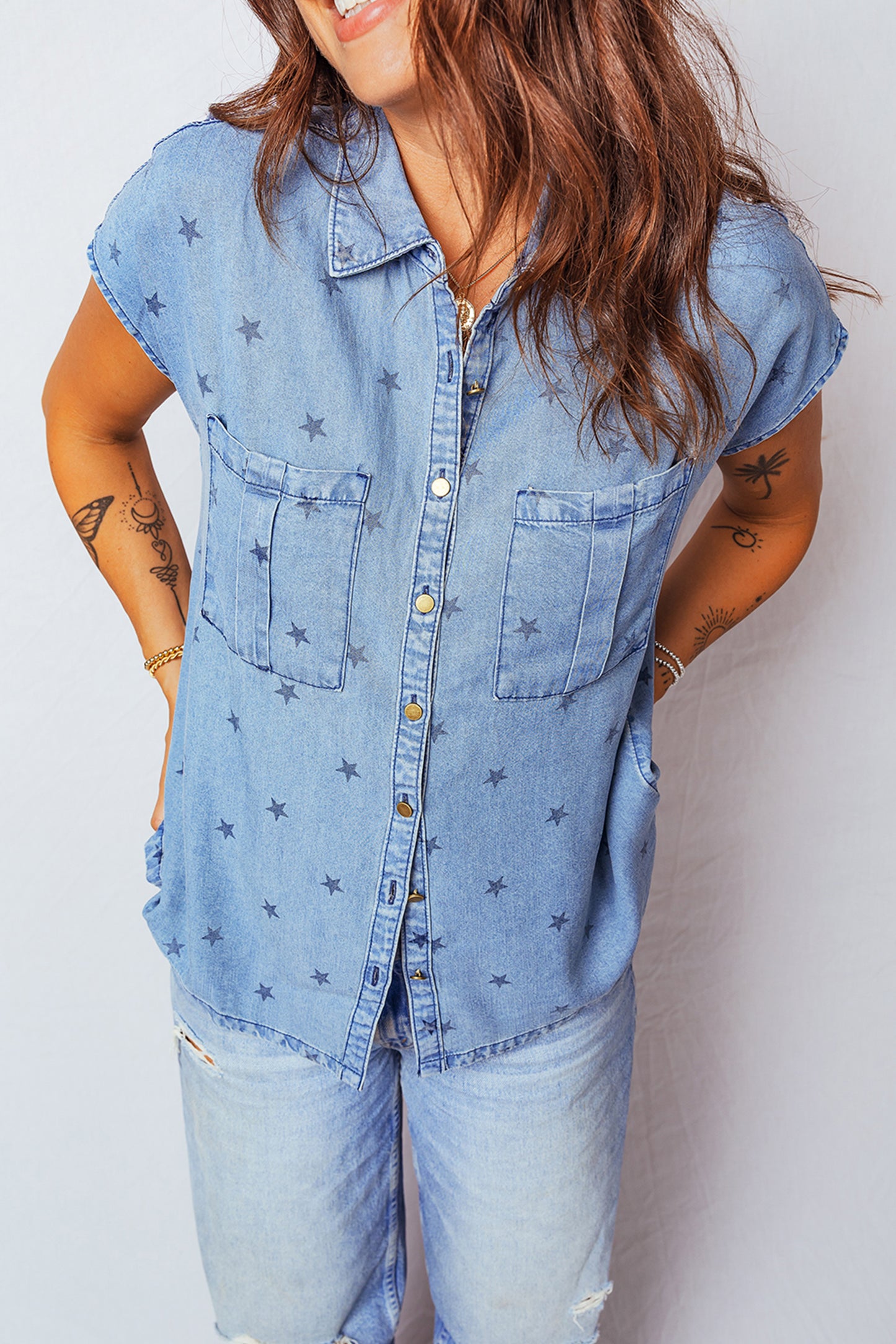 Beau Blue Star Allover Print Double Chest Pocket Short Sleeve Denim Shirt