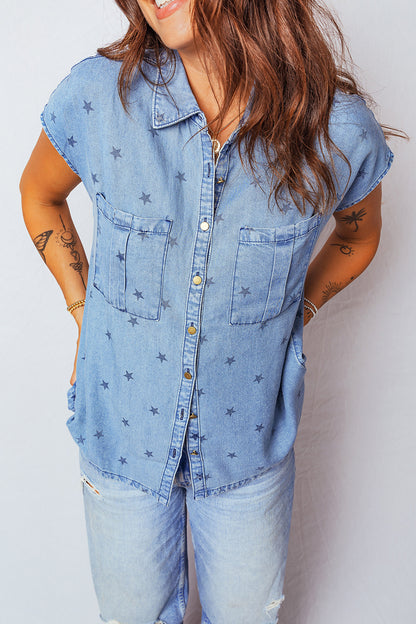 Beau Blue Star Allover Print Double Chest Pocket Short Sleeve Denim Shirt