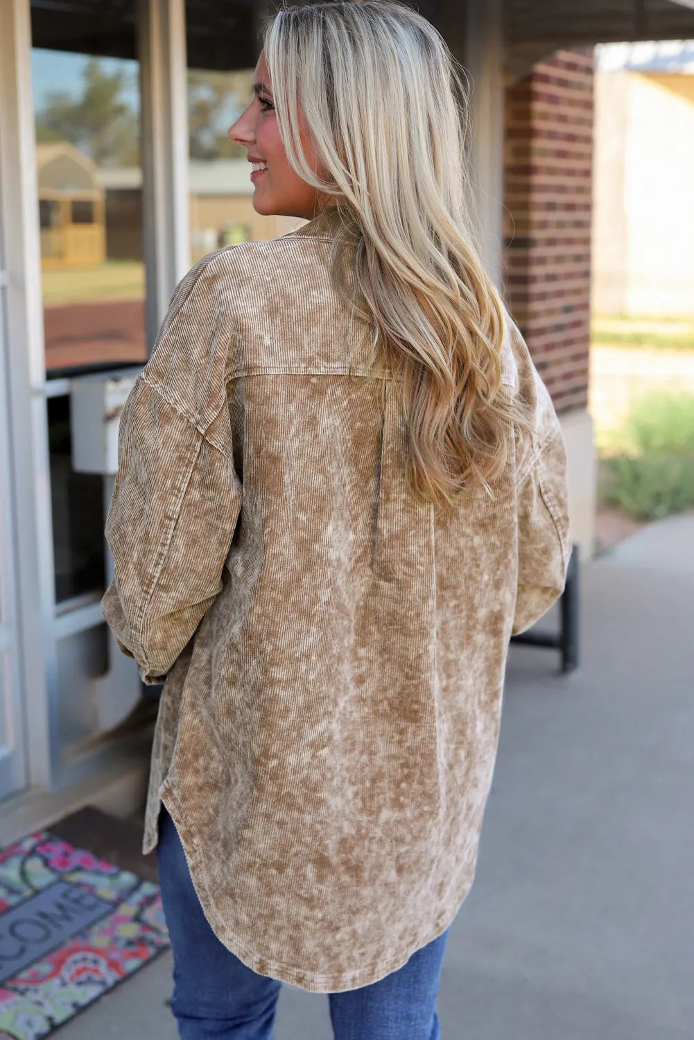 Khaki Vintage Distressed Mineral Wash Oversized Shacket - Chic Meadow Boutique 