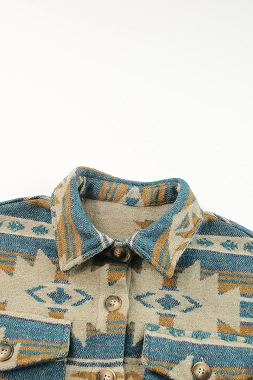 Blue Western Aztec Print Button Flap Pocket Shacket - Chic Meadow Boutique 