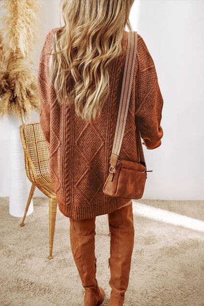 Coffee Cable Knit Drop Shoulder Loose Fit Sweater Dress - Chic Meadow Boutique 