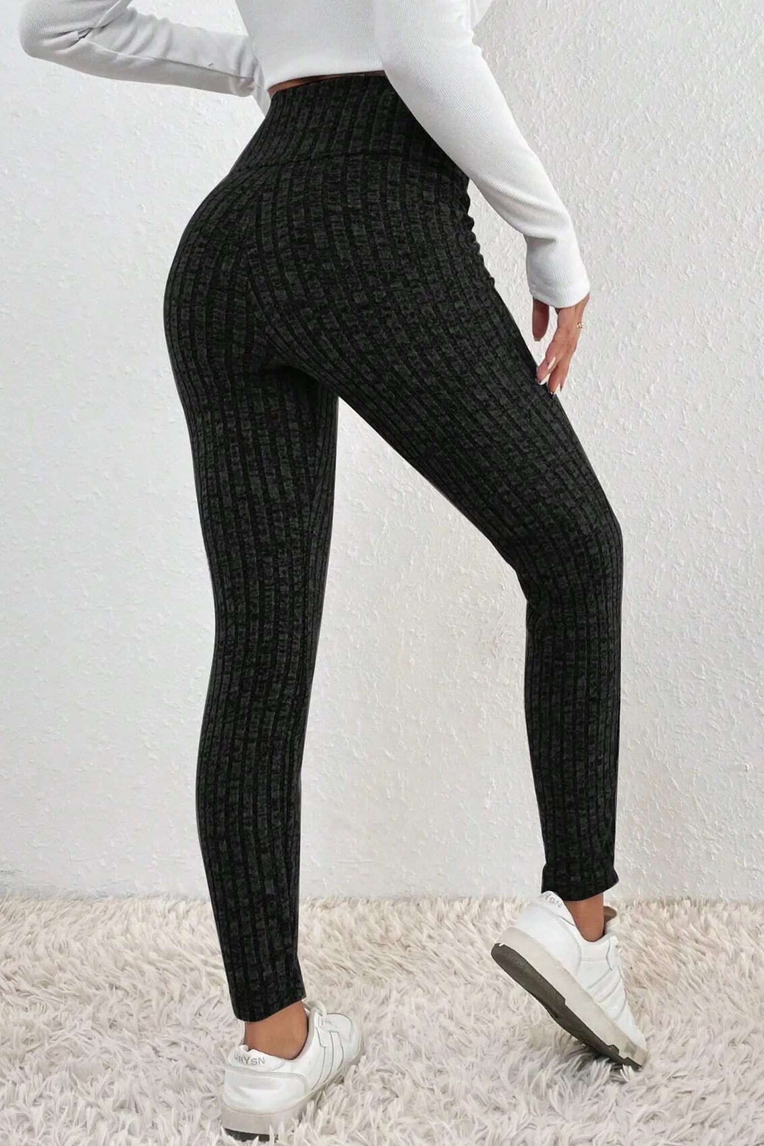 Black Wide Waistband Ribbed Textured Knit Leggings - Chic Meadow Boutique 