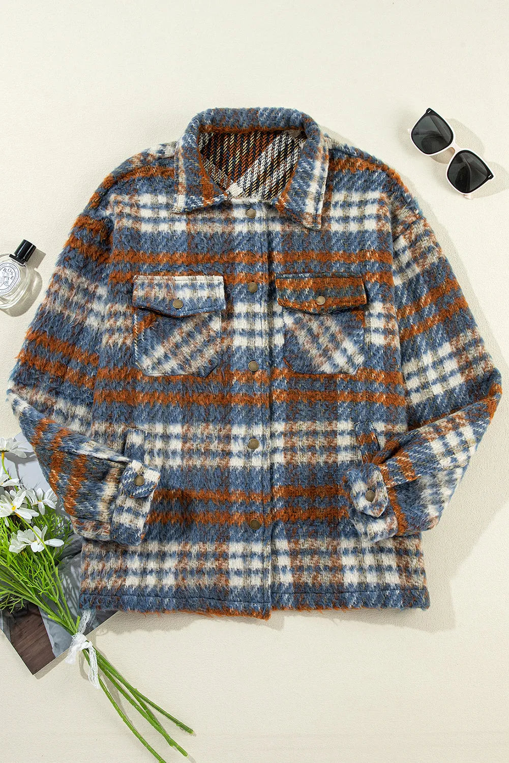 Cinnamon Plaid Print Chest Pockets Turn Down Collar Shacket - Chic Meadow Boutique 