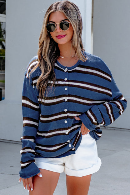 Blue Stripe Striped Drop Shoulder Button Cardigan