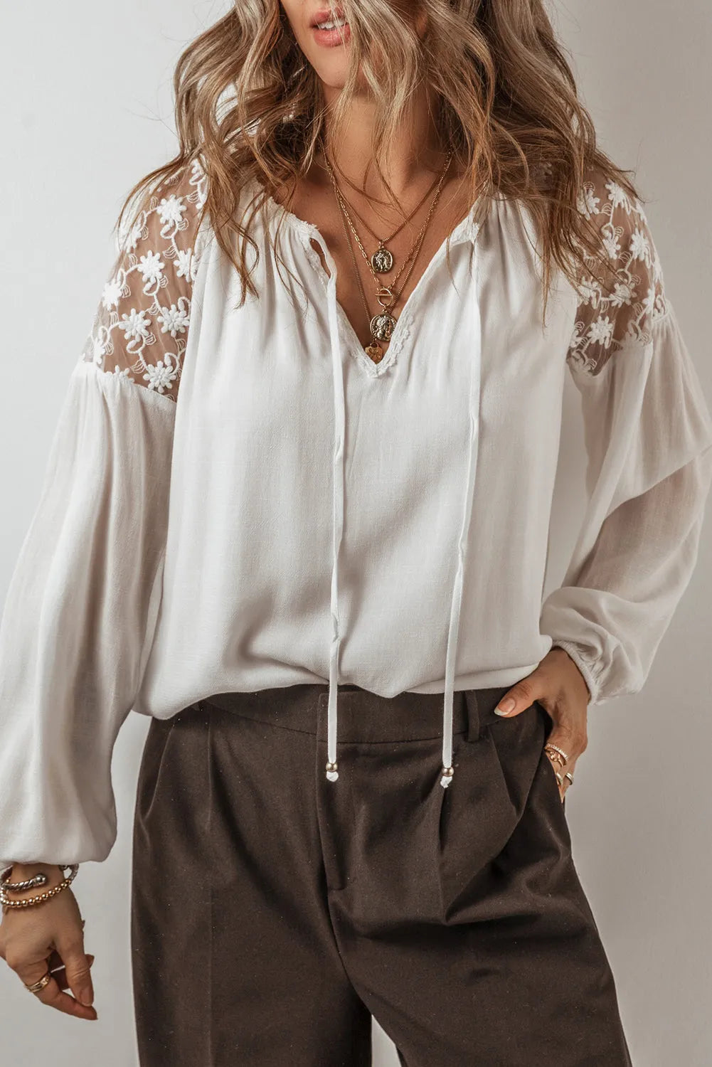 White Floral Lace Patchwork Puff Sleeve Tied V Neck Blouse - Chic Meadow Boutique 