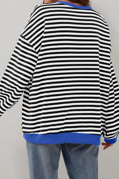 Black Stripe Oversized Contrast Trim Pullover Sweatshirt - Chic Meadow Boutique 