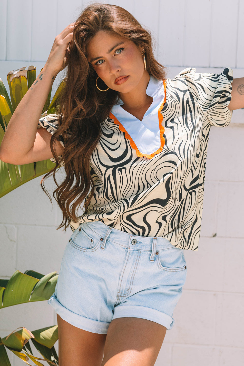 White Zebra Stripe Print Contrast V-Neck Ricrac Detail Short Sleeve Blouse Top