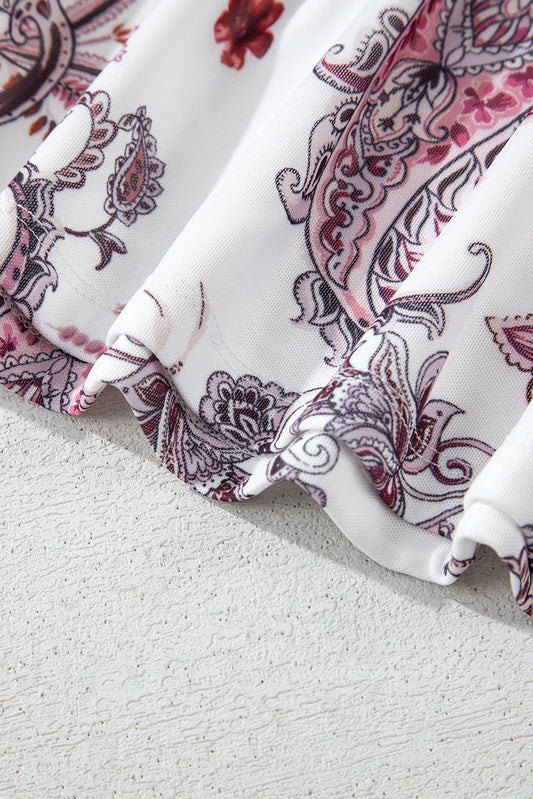 White Vintage Paisley Mock Neck T Shirt