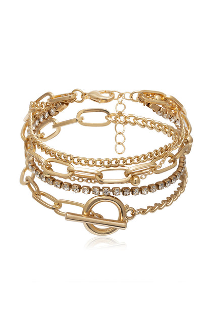 Gold Multi Layered Rhinestone Plated Chain Bracelet Set