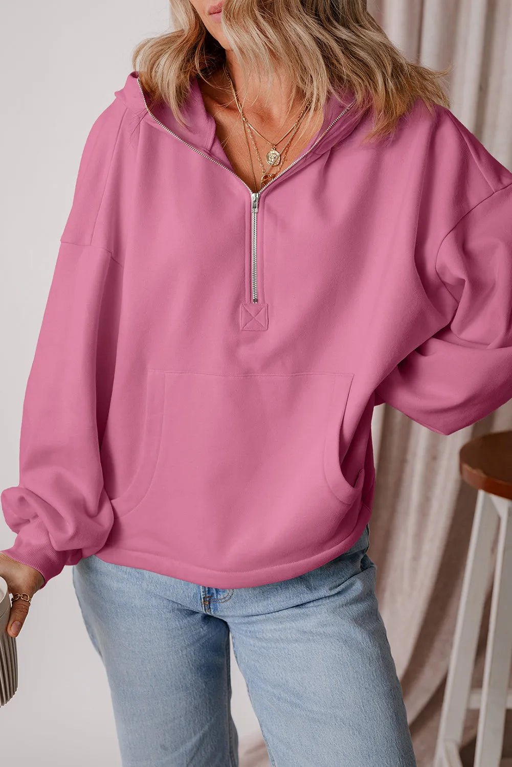 Valerian Fleece Lined Half Zipper Kangaroo Pockets Loose Hoodie - Chic Meadow Boutique 