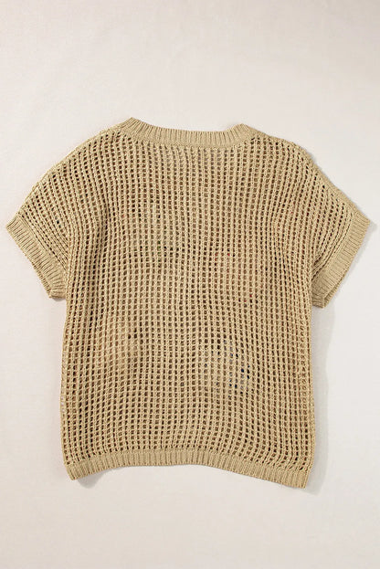 Light French Beige Crochet Flower Hollow-out Sweater T Shirt - Chic Meadow Boutique 