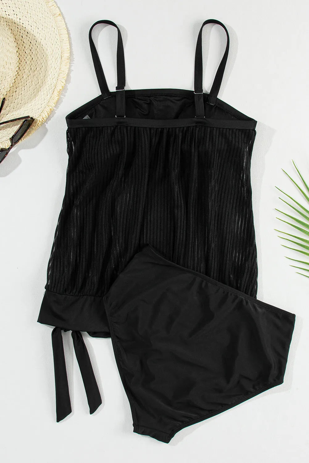 Black Striped Mesh Knotted Hem Tankini Swimsuit - Chic Meadow Boutique 