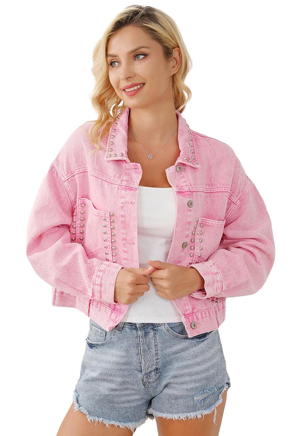 Outerwear/Denim jackets Pink Rivet Studded Pocketed Denim Jacket