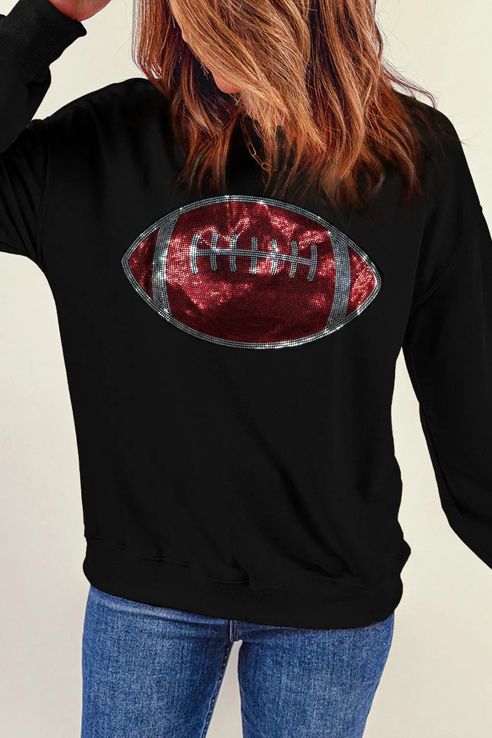 Black Rhinestone Rugby Football Pattern Crew Neck Pullover Sweatshirt - Chic Meadow Boutique 