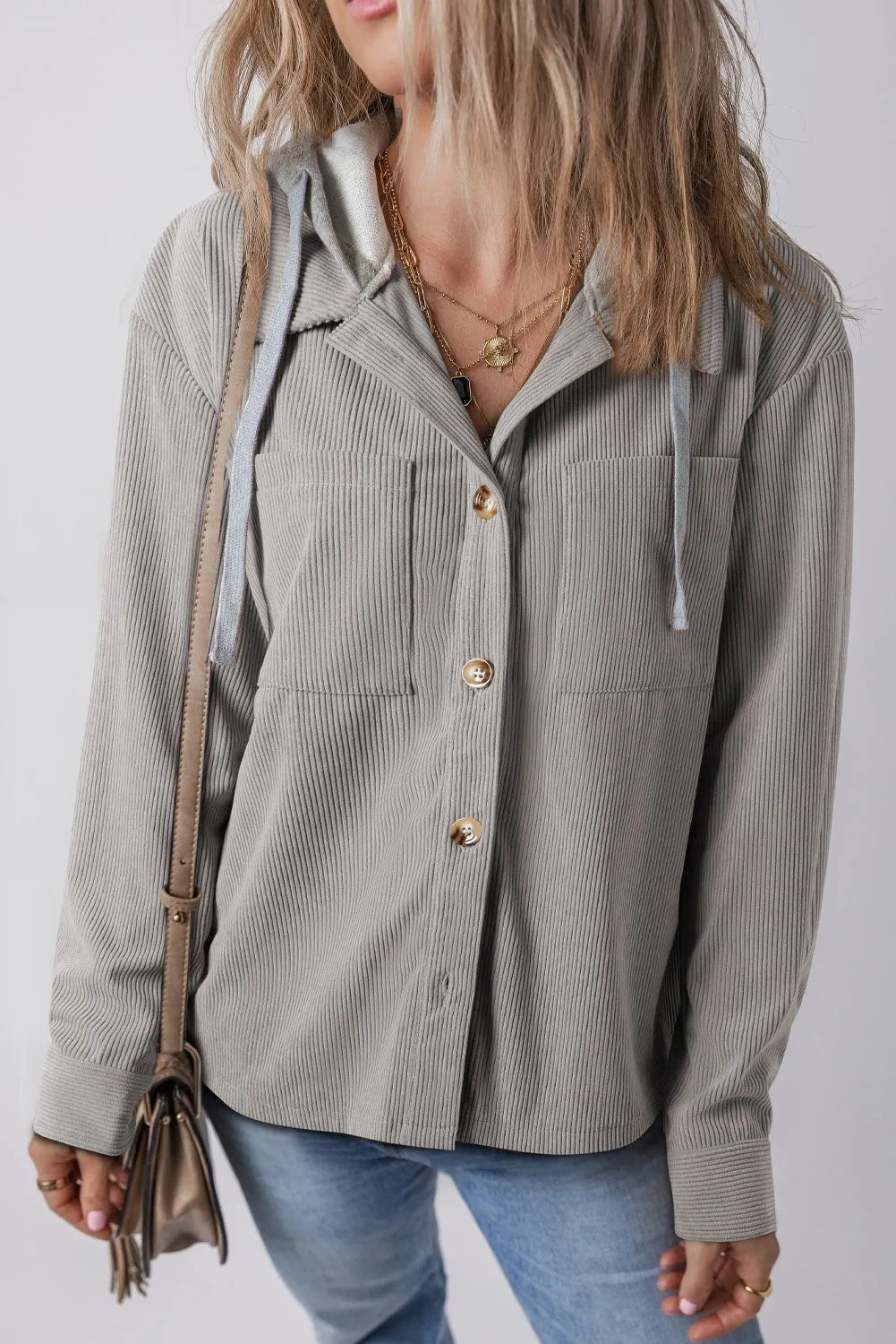 Light Grey Hooded Drawstring Pockets Corduroy Shacket - Chic Meadow Boutique 