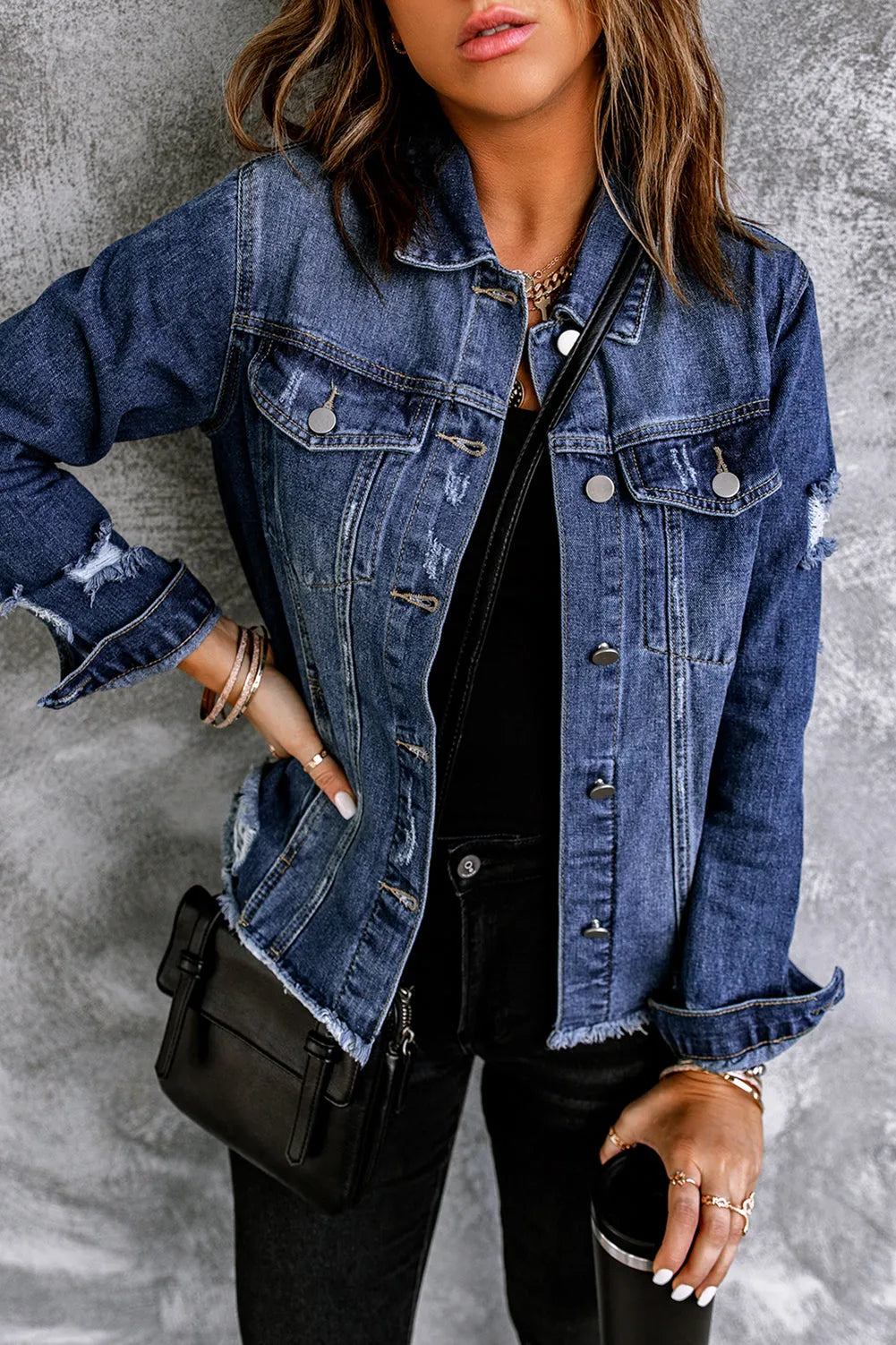 Blue Lapel Distressed Raw Hem Buttons Denim Jacket - Chic Meadow Boutique 