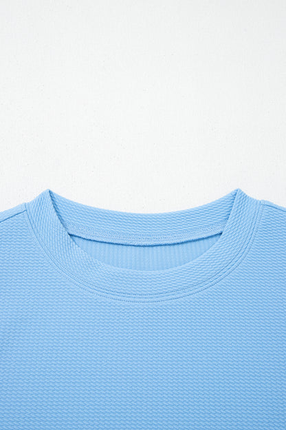 Light Blue Round Neck Textured Contrast Floral Bubble Sleeve Blouse