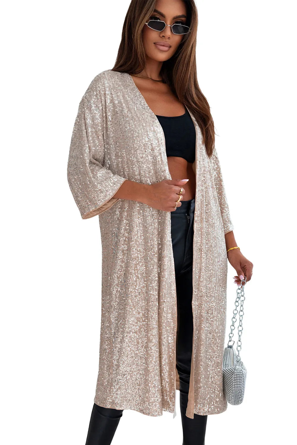 Apricot Sequin 3/4 Sleeve Open Front Duster Kimono - Chic Meadow Boutique 