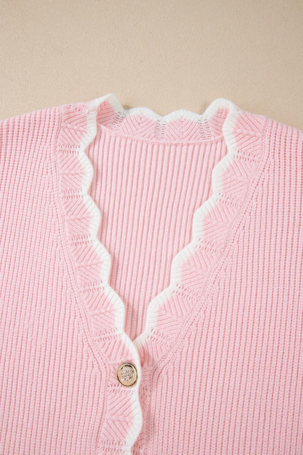 Sweaters & Cardigans/Cardigans Pink Ribbed Knit Scalloped Edge Side Pockets Buttoned Cardigan