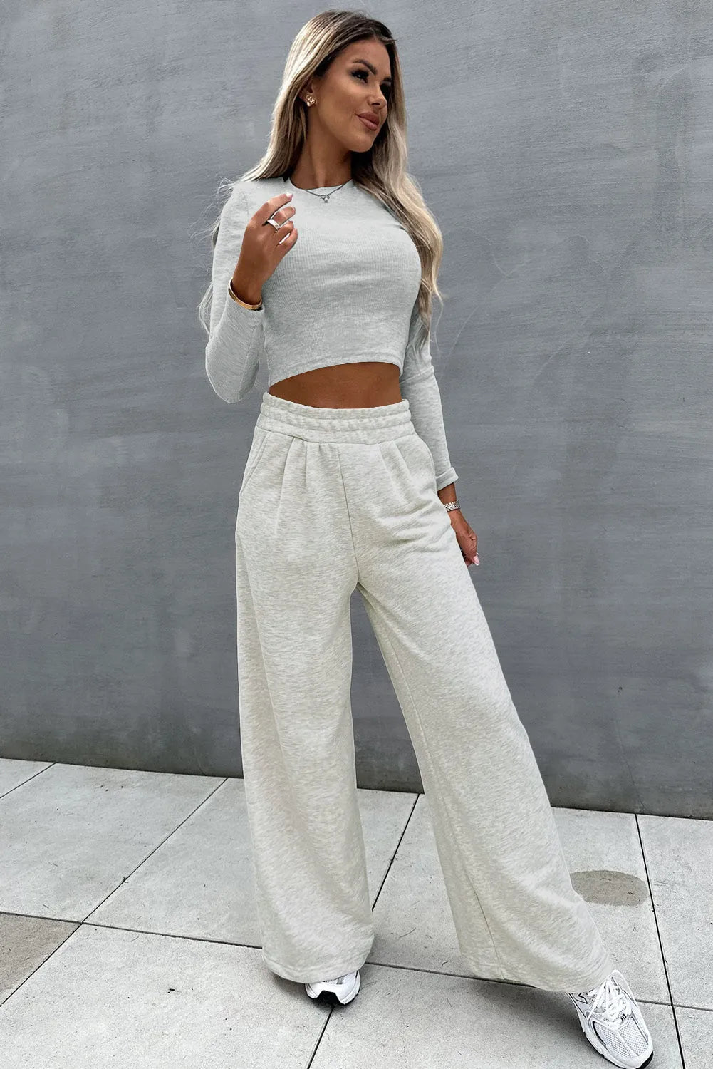 Beige Crop Top and Wide Leg Pants Two Piece Set - Chic Meadow Boutique 