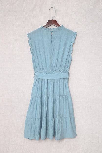 Sky Blue Frilled Neck Sleeveless Tiered Tulle Dress - Chic Meadow Boutique 