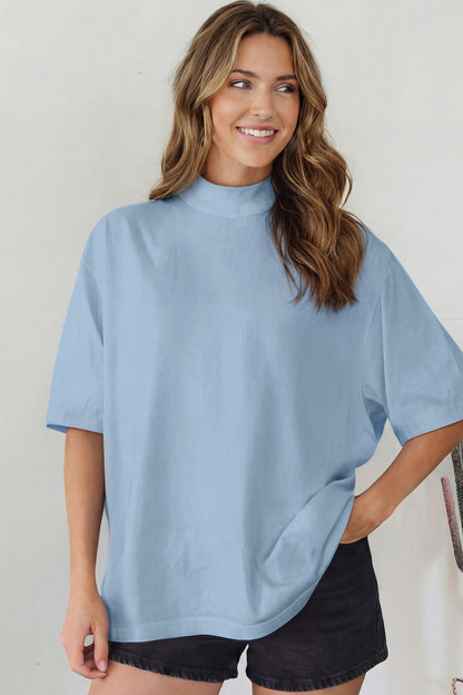 Beau Blue Solid Color High Neck Oversize Tee