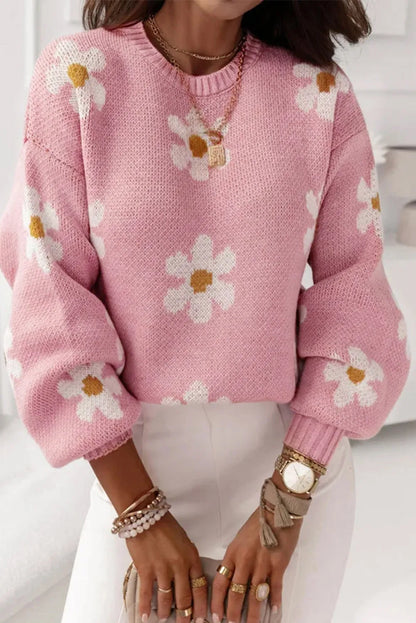 Pink Floral Pattern Drop Shoulder Sweater - Chic Meadow Boutique 