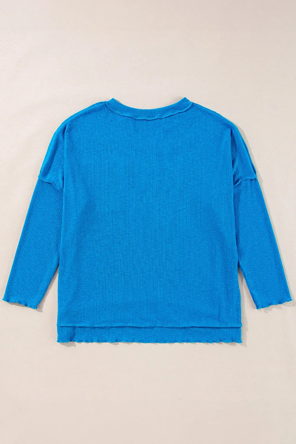 Blue Ribbed Exposed Seam Knit V Neck Long Sleeve Top - Chic Meadow Boutique 