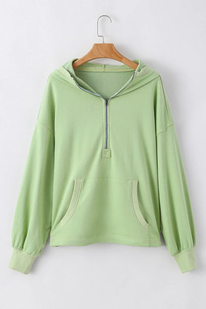 Tops/Sweatshirts & Hoodies Smoke Green Solid Kangaroo Pocket Half Zipper Oversized Hoodie