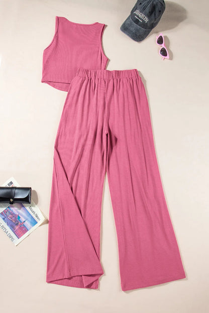 Pink Textured Sleeveless Crop Top and Wide Leg Pants Outfit - Chic Meadow Boutique 