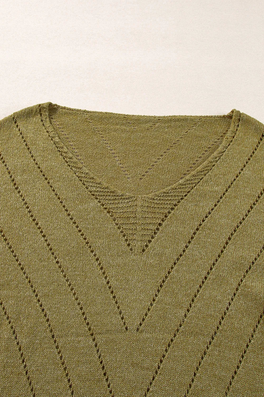 Sage Green Solid Eyelet Drop Shoulder V Neck Sweater - Chic Meadow Boutique 